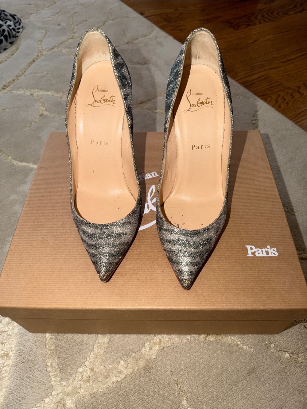 Christian Louboutin Silver Sequin Pointed-Toe Pumps